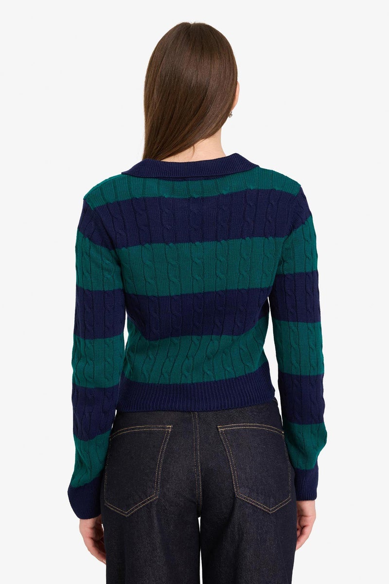 DeFacto Blue Woman Regular Fit Polo Collar Striped Pullover Casual - Image 5